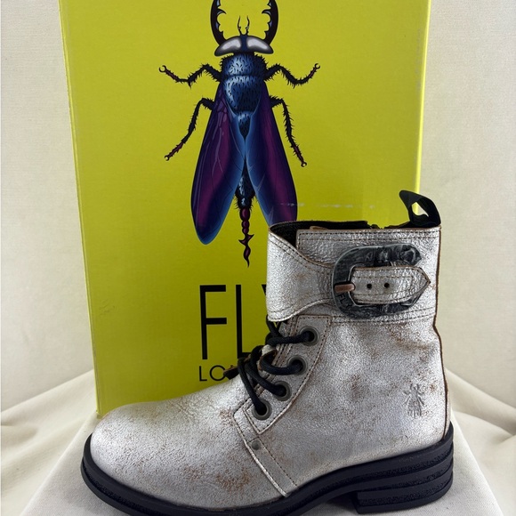 Fly London Shoes - Fly London Kara Silver Metallic Lace-Up Buckle Boot size 38 NIB